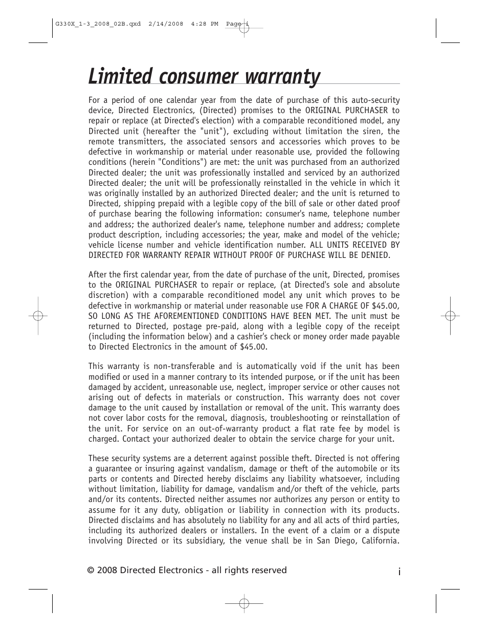 Limited consumer warranty | CLIFFORD 330X1 User Manual | Page 2 / 19