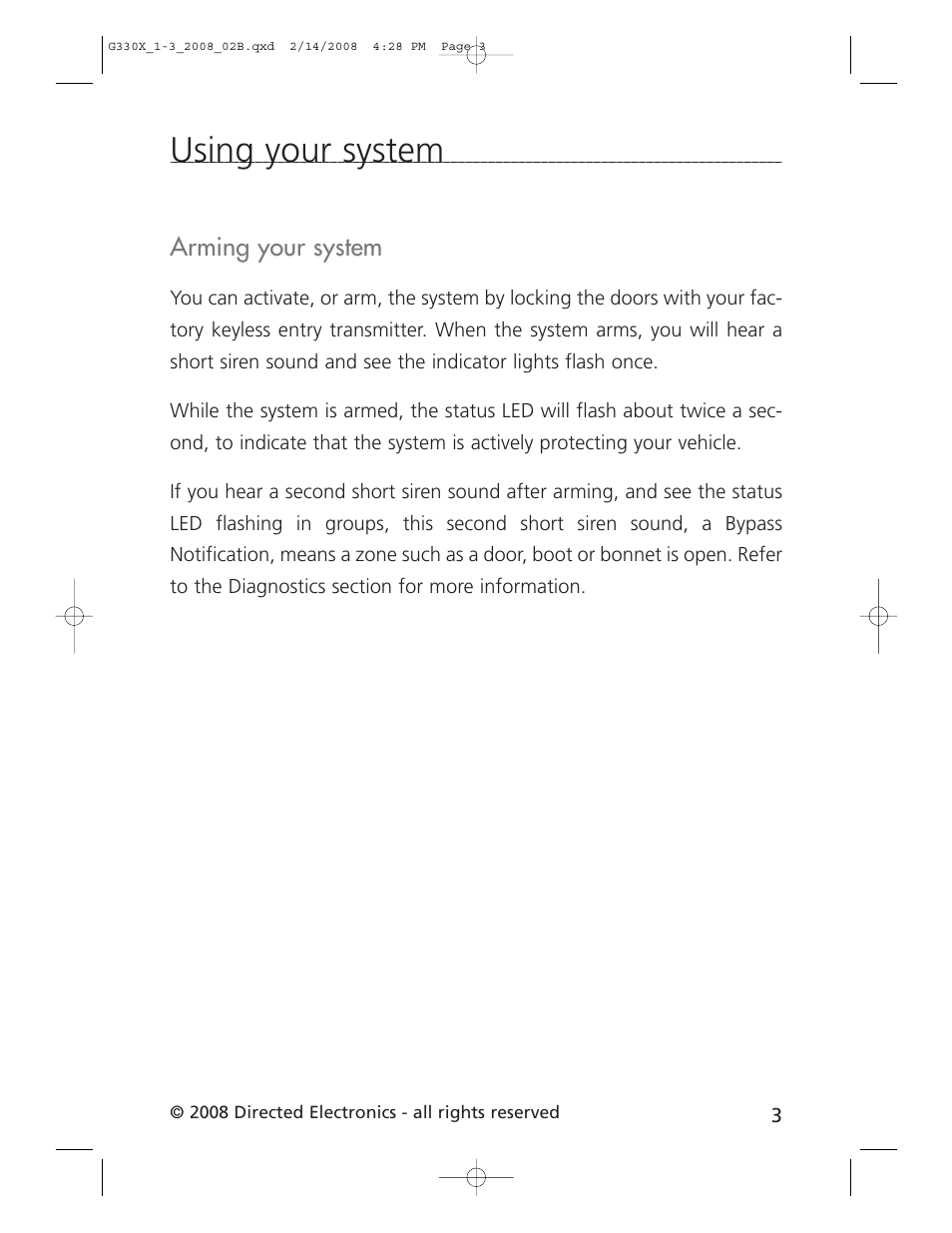 Using your system, Arming your system | CLIFFORD 330X1 User Manual | Page 6 / 19