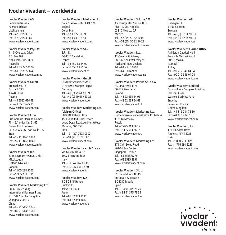 Ivoclar vivadent – worldwide | Ivoclar Vivadent Telio CS C User Manual | Page 38 / 38