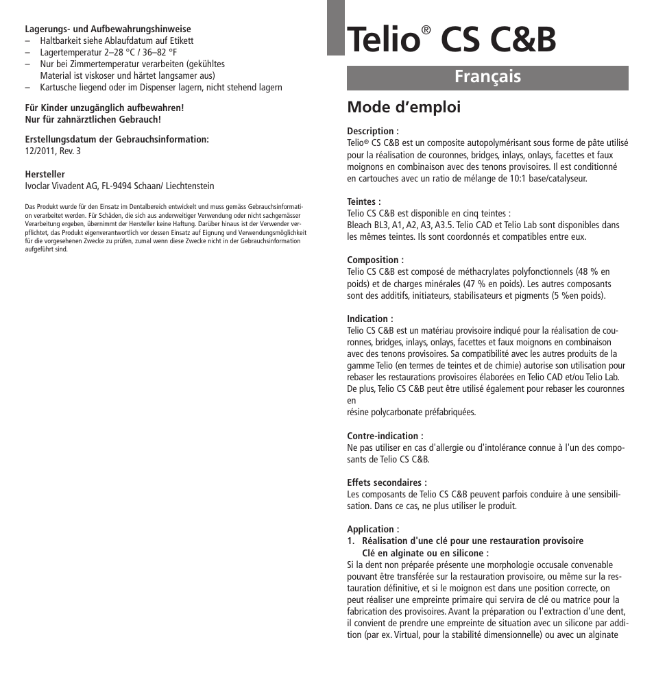 Français, Telio, Cs c&b | Mode d’emploi | Ivoclar Vivadent Telio CS C User Manual | Page 6 / 38