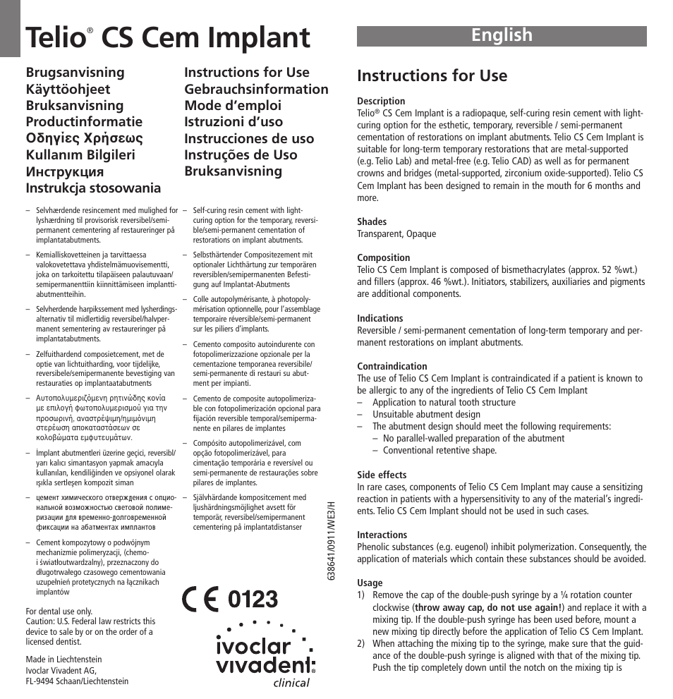 Ivoclar Vivadent Telio CS Cem Implant User Manual | 31 pages