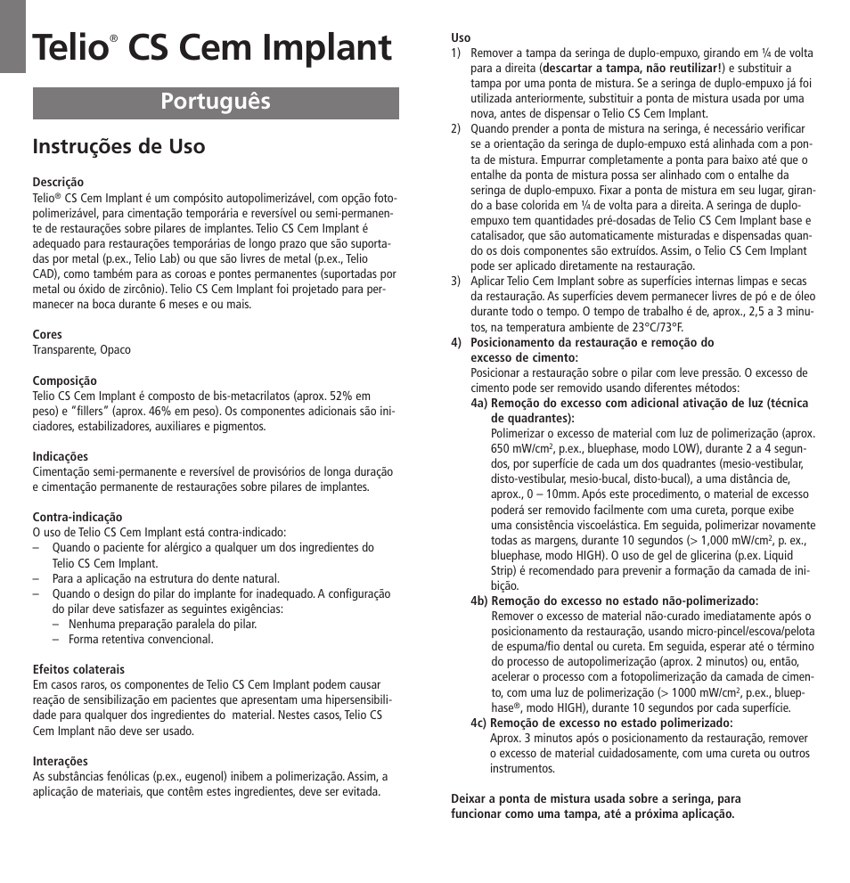 Português, Telio, Cs cem implant | Instruções de uso | Ivoclar Vivadent Telio CS Cem Implant User Manual | Page 11 / 31