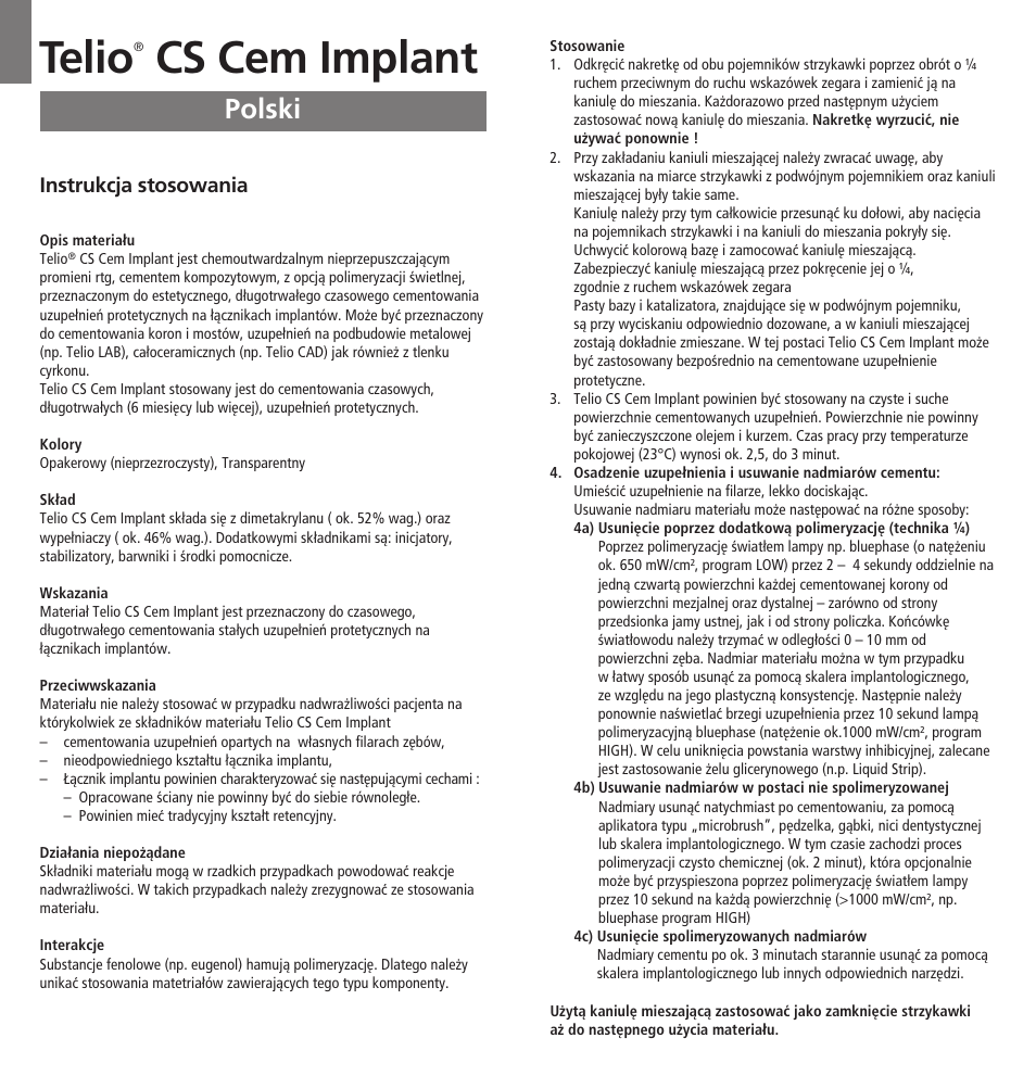 Polski, Telio, Cs cem implant | Ivoclar Vivadent Telio CS Cem Implant User Manual | Page 29 / 31