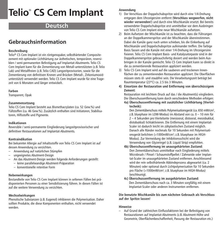 Deutsch, Telio, Cs cem implant | Gebrauchsinformation | Ivoclar Vivadent Telio CS Cem Implant User Manual | Page 3 / 31