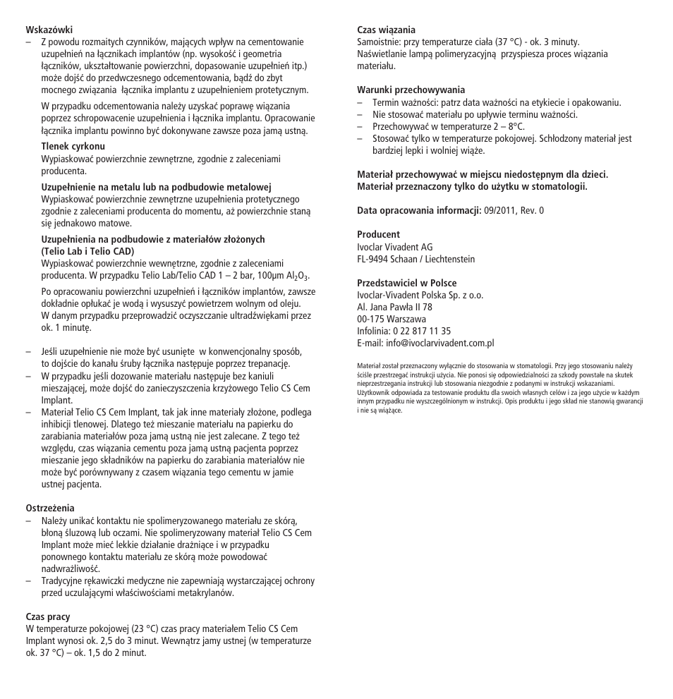 Ivoclar Vivadent Telio CS Cem Implant User Manual | Page 30 / 31