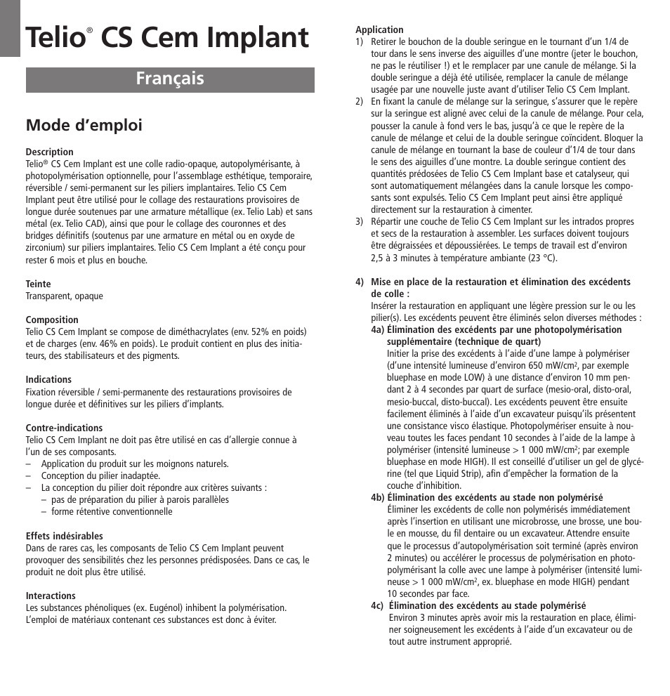 Français, Telio, Cs cem implant | Mode d’emploi | Ivoclar Vivadent Telio CS Cem Implant User Manual | Page 5 / 31