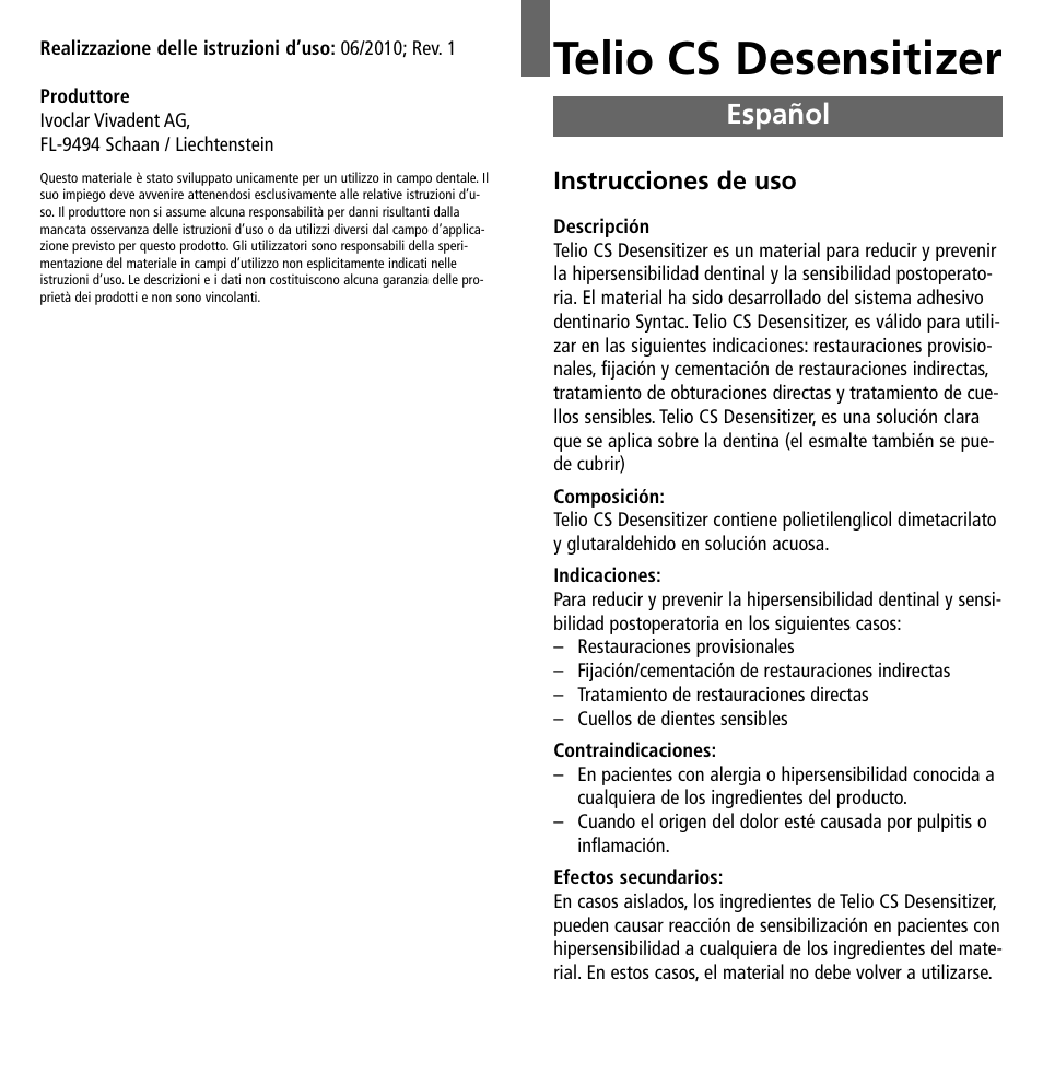 Español, Telio cs desensitizer | Ivoclar Vivadent Telio CS Desensitizer User Manual | Page 12 / 43