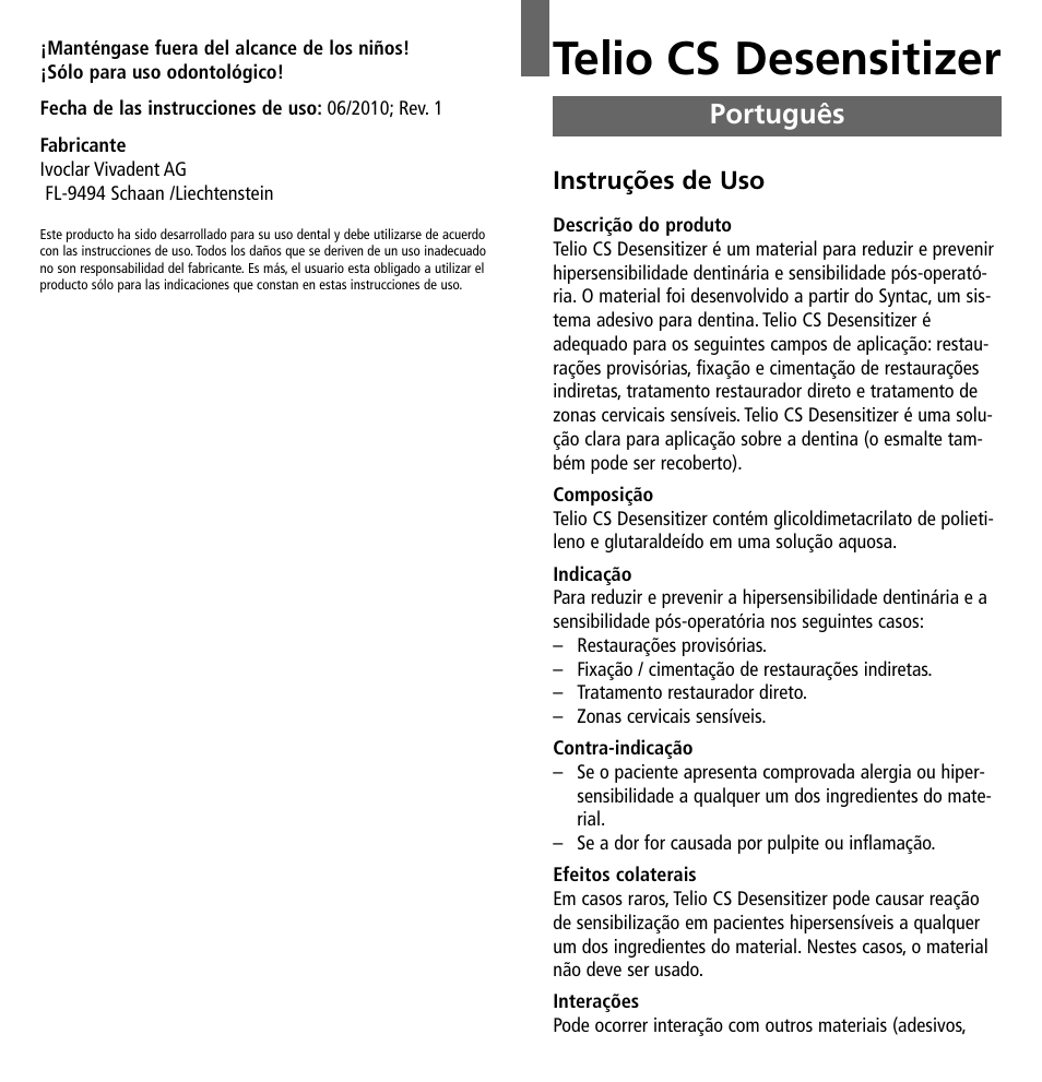 Português, Telio cs desensitizer | Ivoclar Vivadent Telio CS Desensitizer User Manual | Page 15 / 43