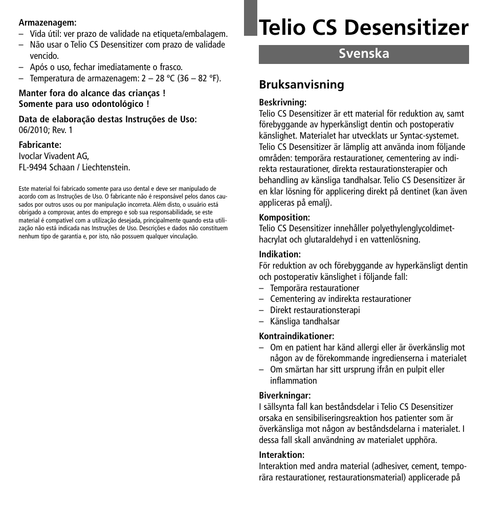 Svenska, Telio cs desensitizer | Ivoclar Vivadent Telio CS Desensitizer User Manual | Page 18 / 43
