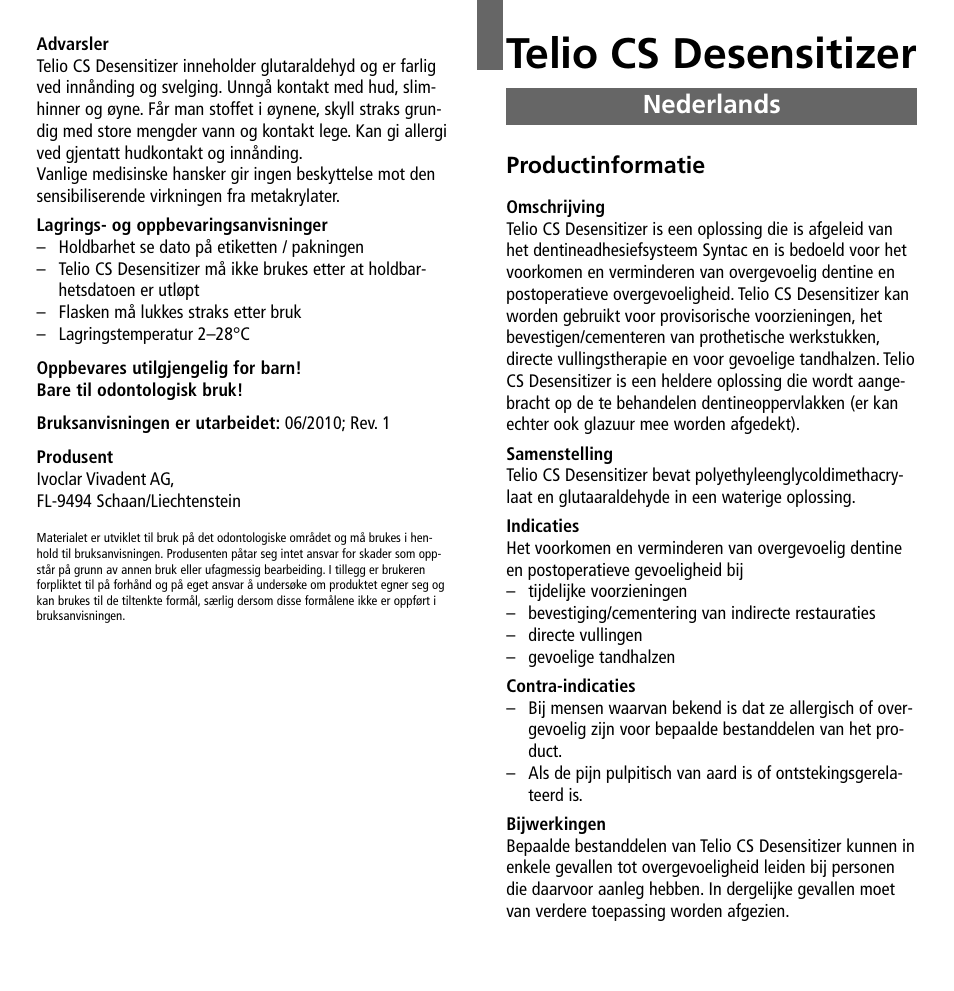 Nederlands, Telio cs desensitizer | Ivoclar Vivadent Telio CS Desensitizer User Manual | Page 28 / 43