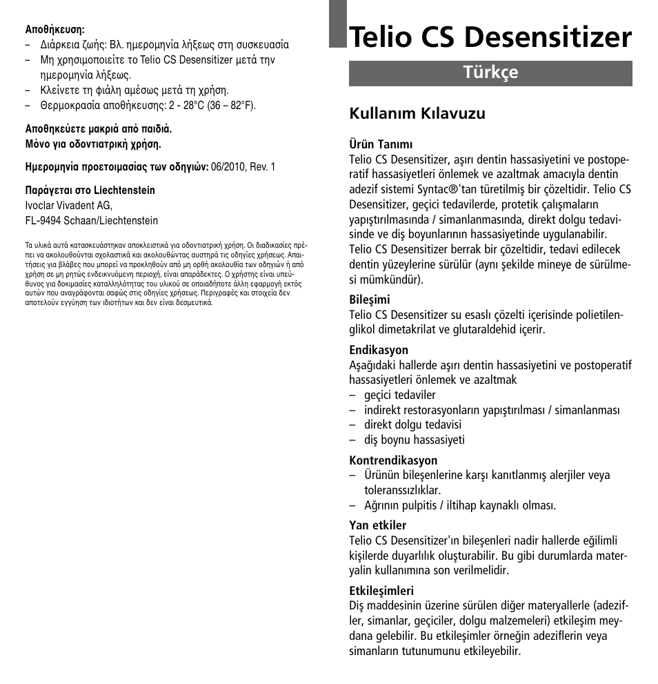 Türkçe, Telio cs desensitizer, Kullanım kılavuzu | Ivoclar Vivadent Telio CS Desensitizer User Manual | Page 34 / 43