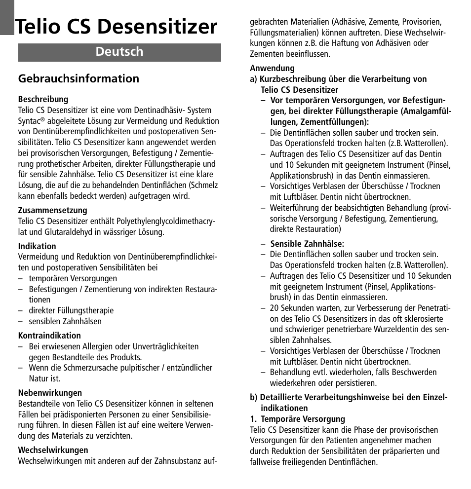 Deutsch, Telio cs desensitizer, Gebrauchsinformation | Ivoclar Vivadent Telio CS Desensitizer User Manual | Page 4 / 43