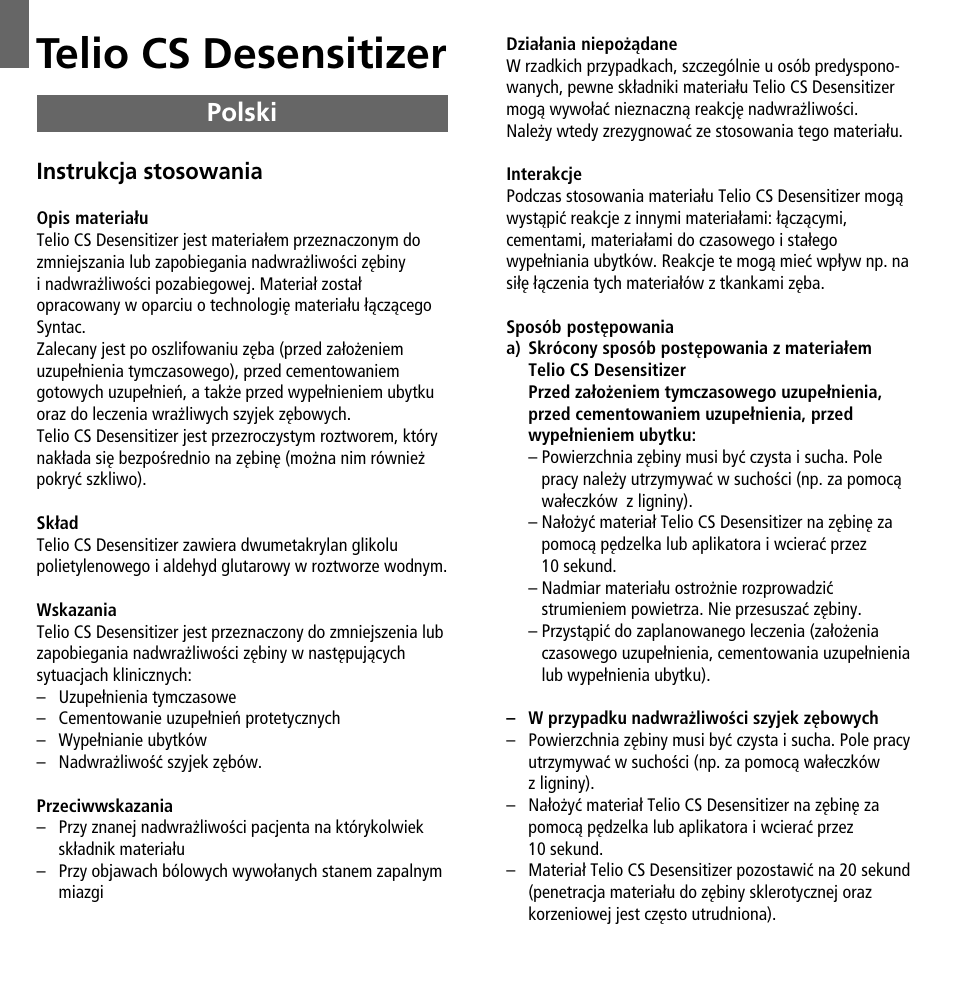 Polski, Telio cs desensitizer, Instrukcja stosowania | Ivoclar Vivadent Telio CS Desensitizer User Manual | Page 40 / 43