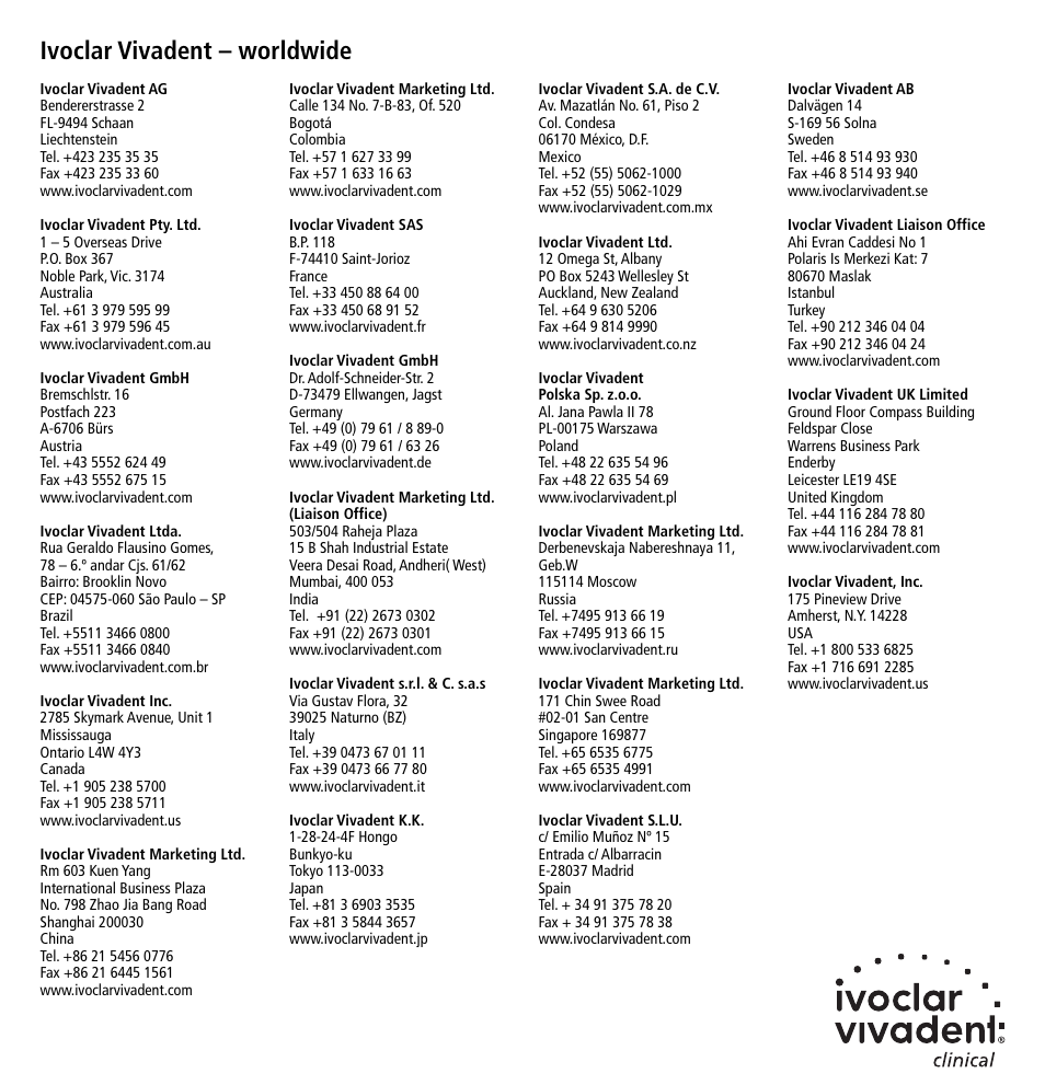 Ivoclar vivadent – worldwide | Ivoclar Vivadent Telio CS Desensitizer User Manual | Page 43 / 43