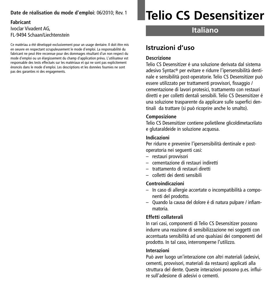 Italiano, Telio cs desensitizer, Istruzioni d’uso | Ivoclar Vivadent Telio CS Desensitizer User Manual | Page 9 / 43