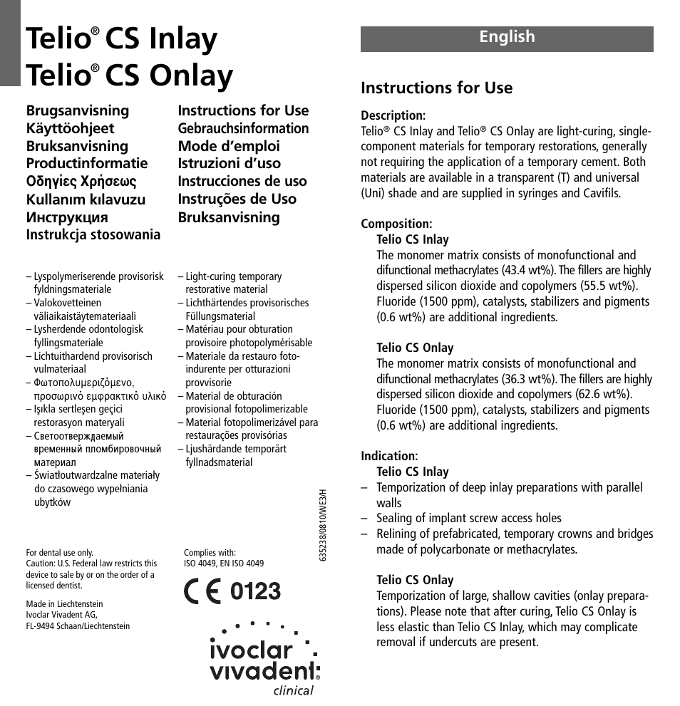 Ivoclar Vivadent Telio CS Inlay User Manual | 36 pages