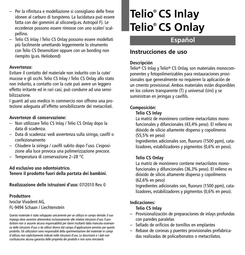 Español, Telio, Cs inlay telio | Cs onlay | Ivoclar Vivadent Telio CS Inlay User Manual | Page 10 / 36