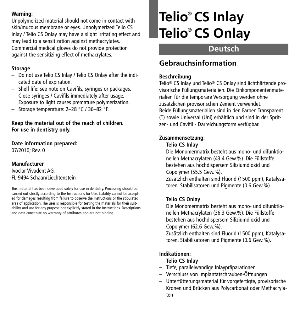 Deutsch, Telio, Cs inlay telio | Cs onlay | Ivoclar Vivadent Telio CS Inlay User Manual | Page 3 / 36