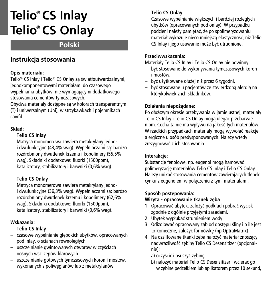 Polski, Telio, Cs inlay telio | Cs onlay | Ivoclar Vivadent Telio CS Inlay User Manual | Page 33 / 36