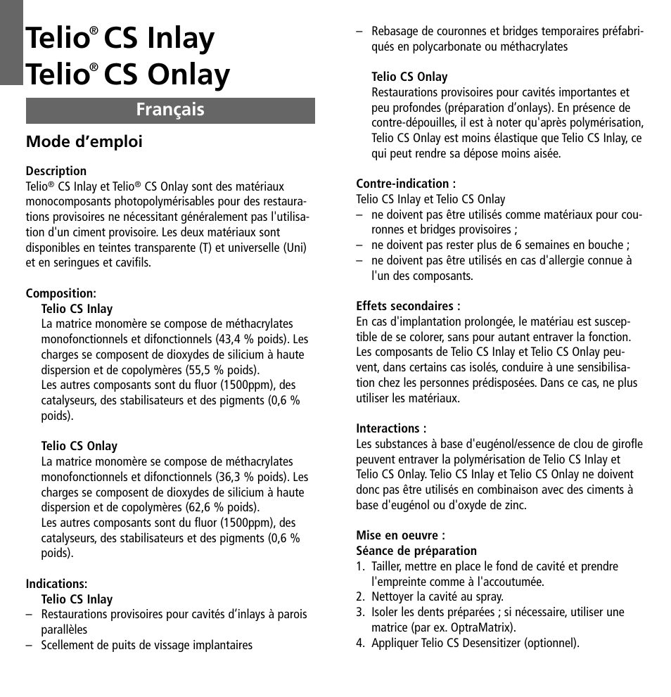Français, Telio, Cs inlay telio | Cs onlay | Ivoclar Vivadent Telio CS Inlay User Manual | Page 6 / 36