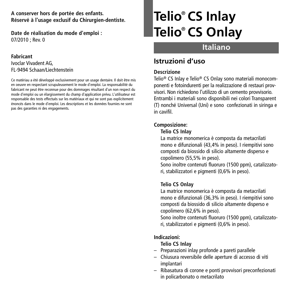 Italiano, Telio, Cs inlay telio | Cs onlay | Ivoclar Vivadent Telio CS Inlay User Manual | Page 8 / 36