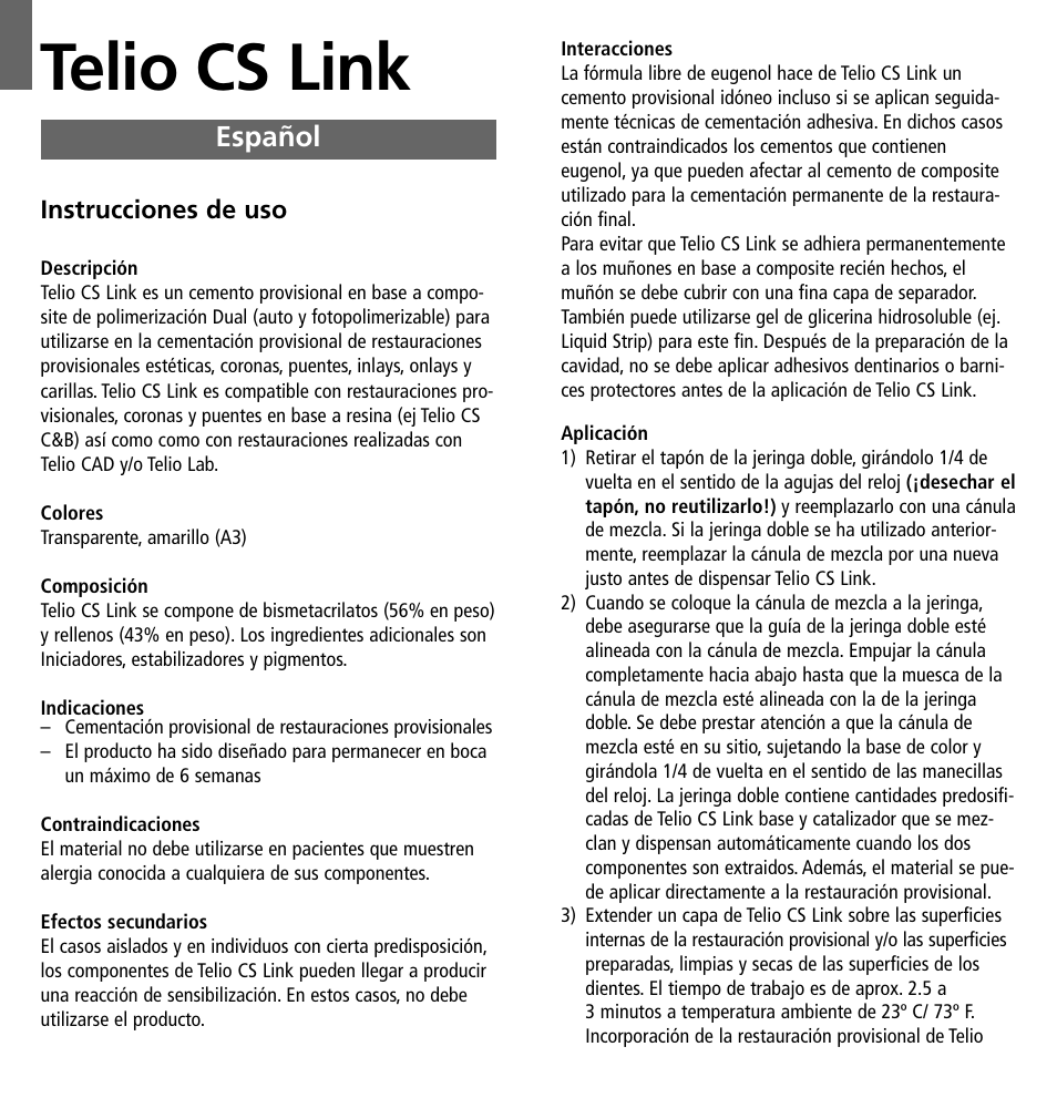 Español, Telio cs link | Ivoclar Vivadent Telio CS Link User Manual | Page 11 / 37