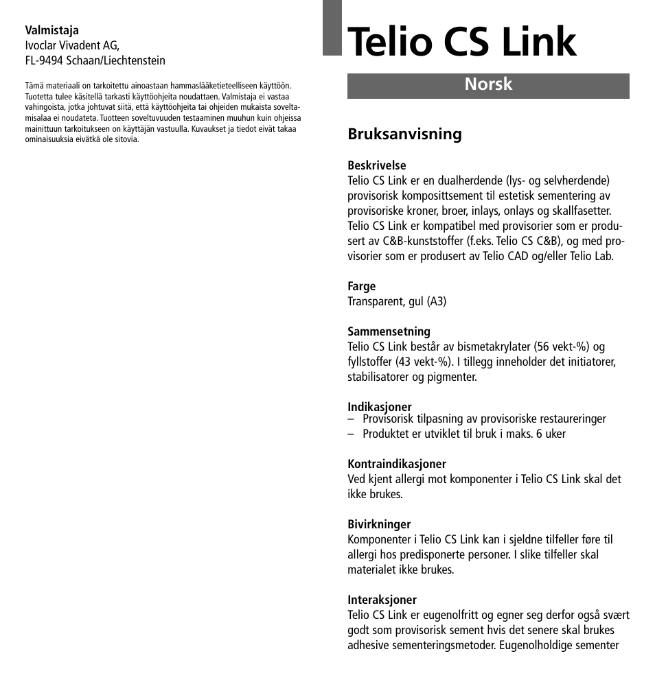 Norsk, Telio cs link | Ivoclar Vivadent Telio CS Link User Manual | Page 22 / 37