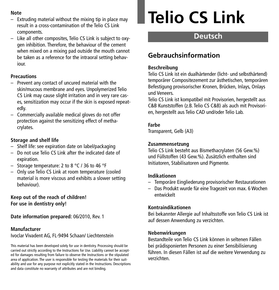 Deutsch, Telio cs link | Ivoclar Vivadent Telio CS Link User Manual | Page 3 / 37