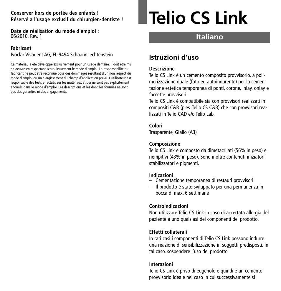 Italiano, Telio cs link | Ivoclar Vivadent Telio CS Link User Manual | Page 8 / 37