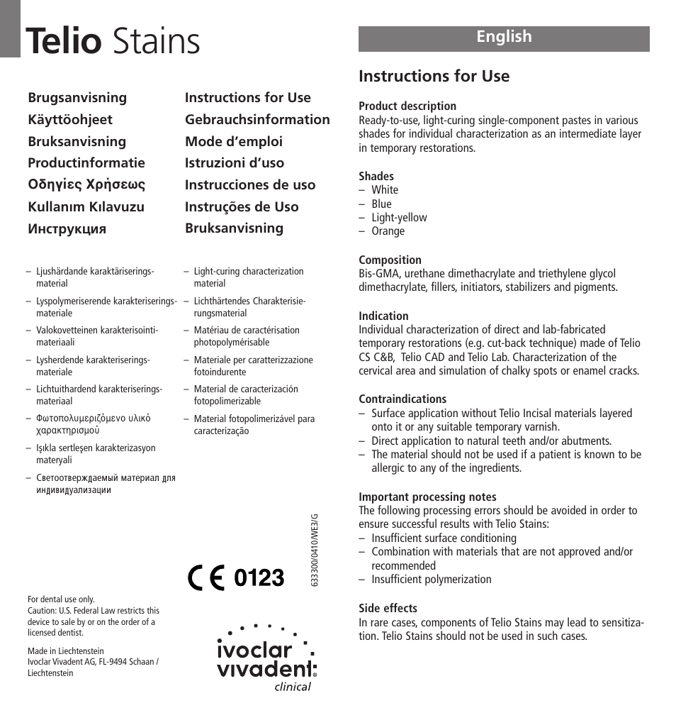 Ivoclar Vivadent Telio Stains User Manual | 32 pages