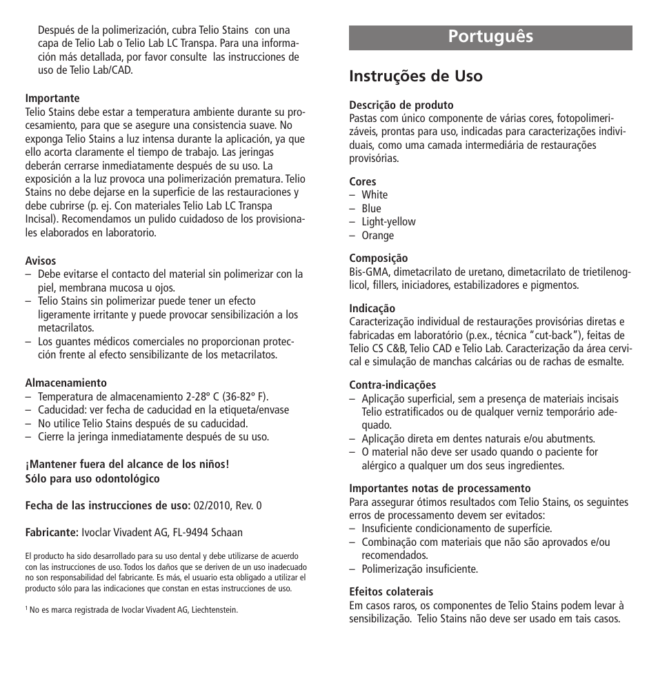 Português, Instruções de uso | Ivoclar Vivadent Telio Stains User Manual | Page 11 / 32