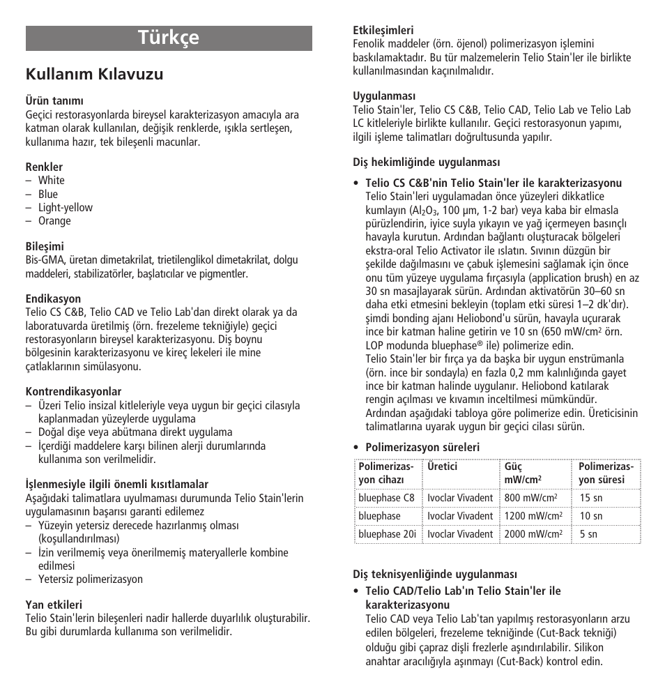 Türkçe, Kullan›m k›lavuzu | Ivoclar Vivadent Telio Stains User Manual | Page 26 / 32