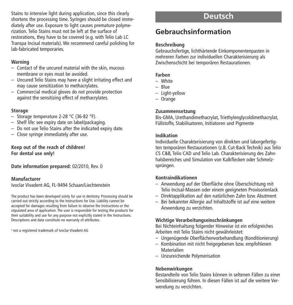 Deutsch, Gebrauchsinformation | Ivoclar Vivadent Telio Stains User Manual | Page 3 / 32