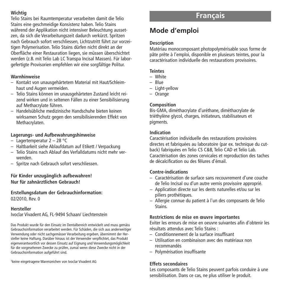 Français, Mode d’emploi | Ivoclar Vivadent Telio Stains User Manual | Page 5 / 32