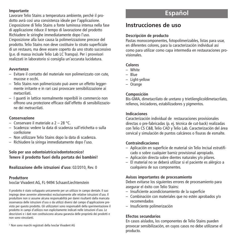 Español, Instrucciones de uso | Ivoclar Vivadent Telio Stains User Manual | Page 9 / 32