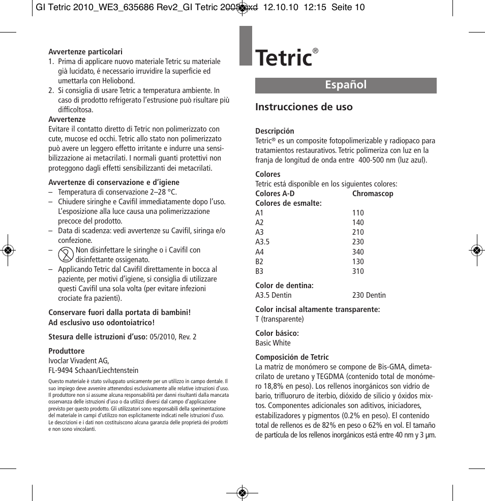 Español, Tetric, Instrucciones de uso | Ivoclar Vivadent Tetric User Manual | Page 10 / 32