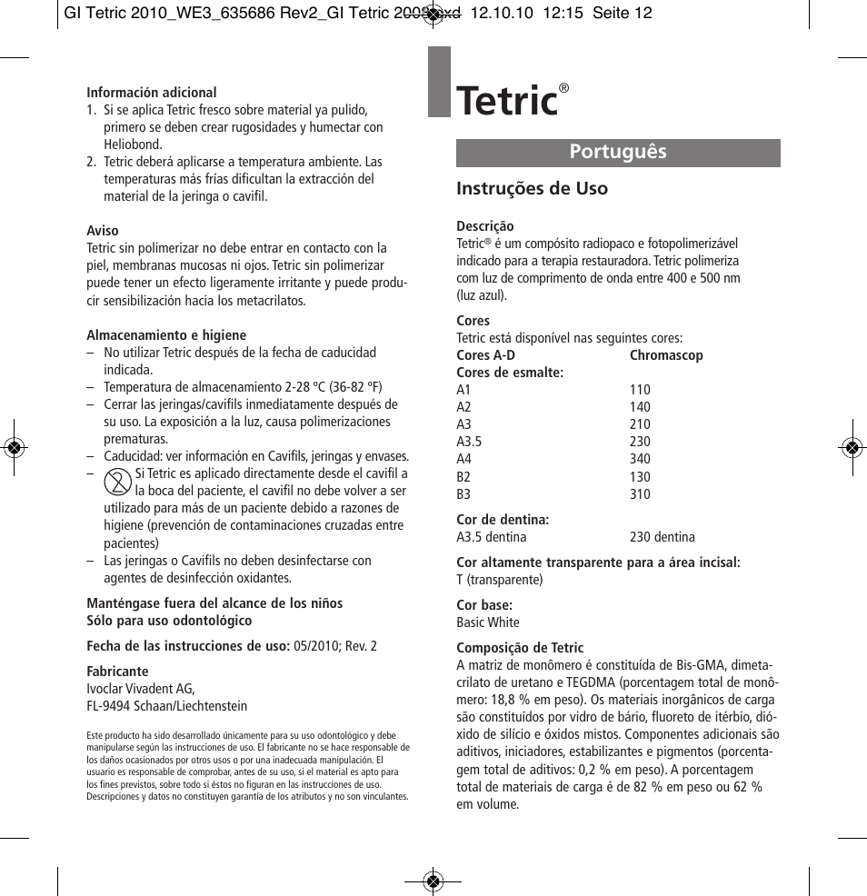 Português, Tetric, Instruções de uso | Ivoclar Vivadent Tetric User Manual | Page 12 / 32