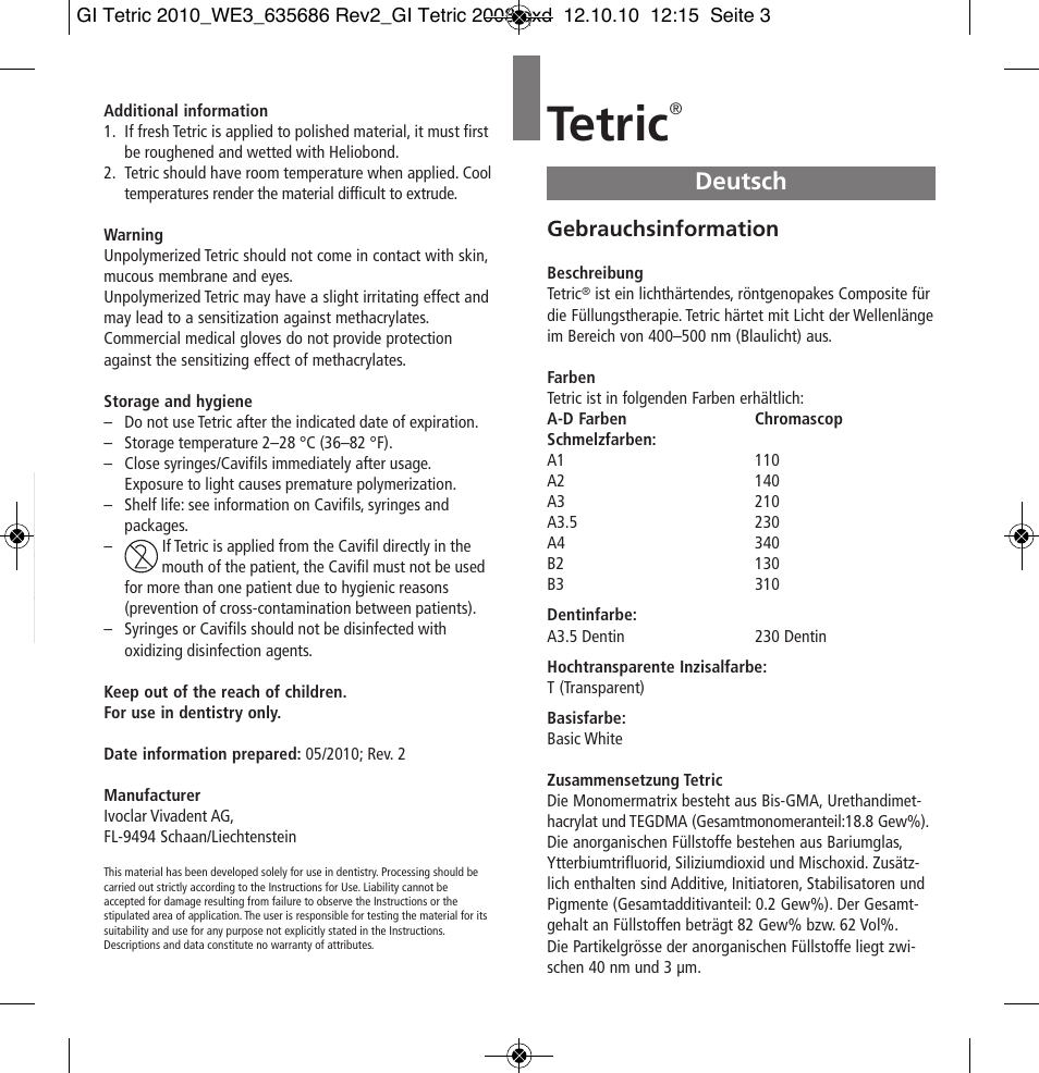 Deutsch, Tetric, Gebrauchsinformation | Ivoclar Vivadent Tetric User Manual | Page 3 / 32