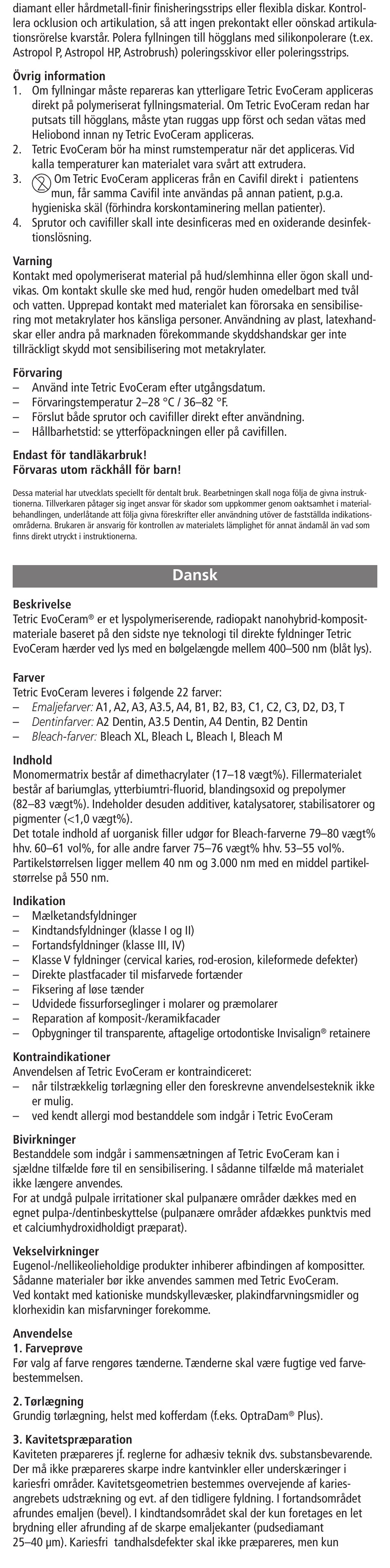 Dansk | Ivoclar Vivadent Tetric EvoCeram User Manual | Page 12 / 48
