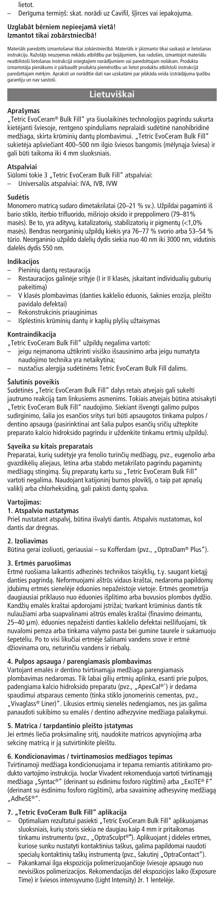 Lietuviskai, Lietuvi‰kai | Ivoclar Vivadent Tetric EvoCeram Bulk Fill User Manual | Page 44 / 48