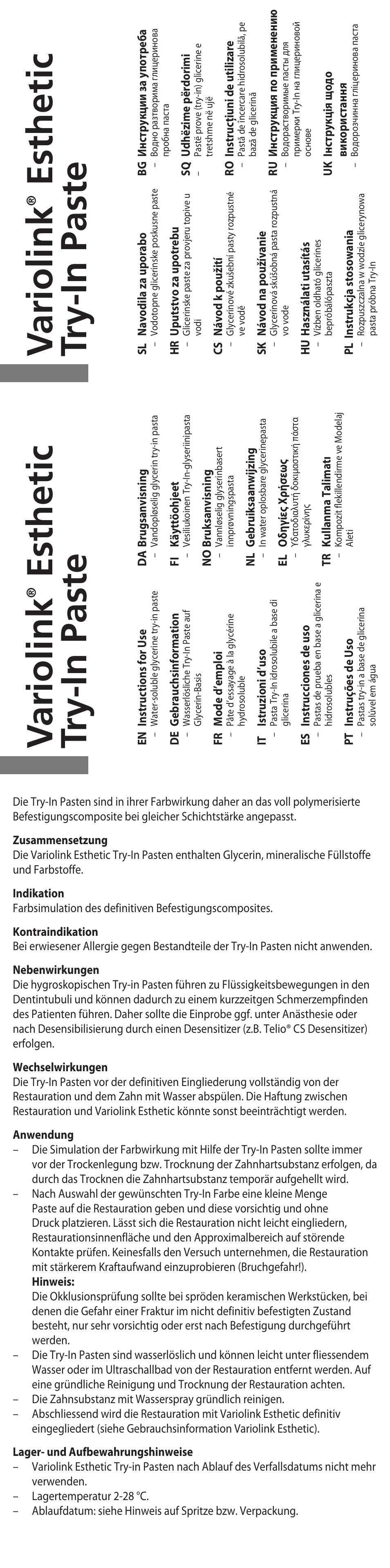 Variolink, Esthetic try-in paste v ariolink, Esthetic try-in paste | Ivoclar Vivadent Variolink Esthetic Try-In Paste User Manual | Page 2 / 24