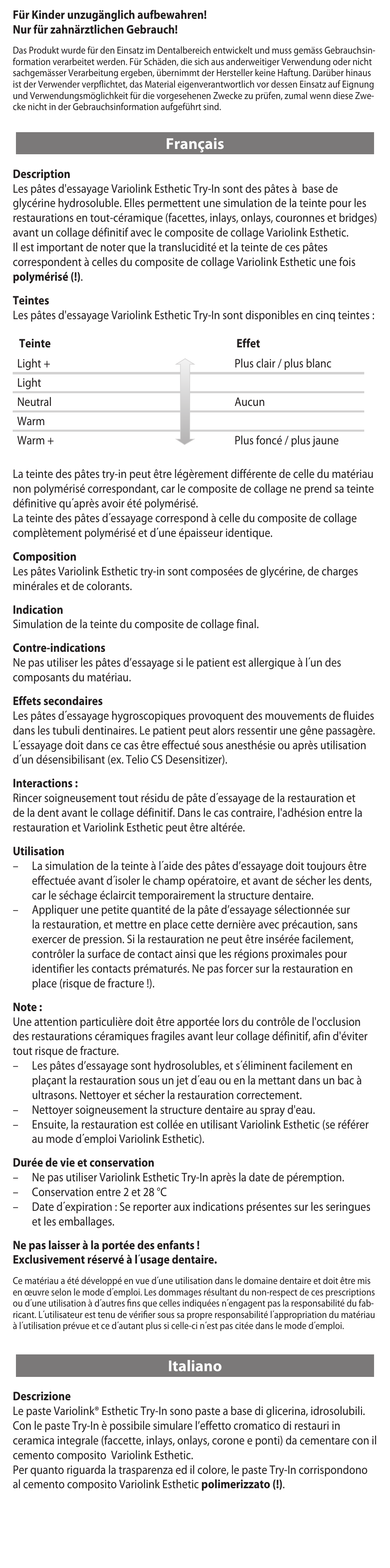 Français, Italiano | Ivoclar Vivadent Variolink Esthetic Try-In Paste User Manual | Page 3 / 24