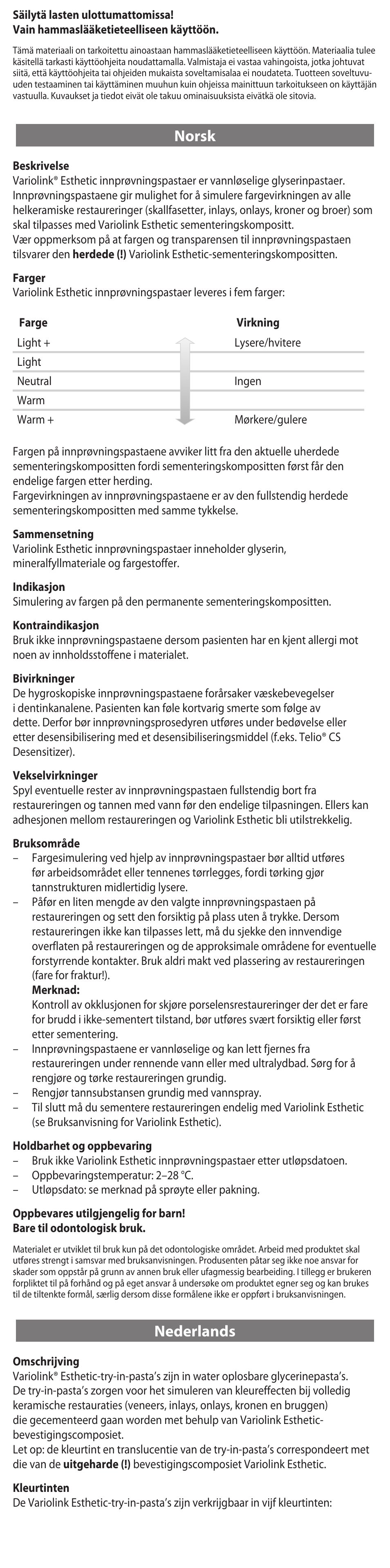 Norsk, Nederlands | Ivoclar Vivadent Variolink Esthetic Try-In Paste User Manual | Page 9 / 24