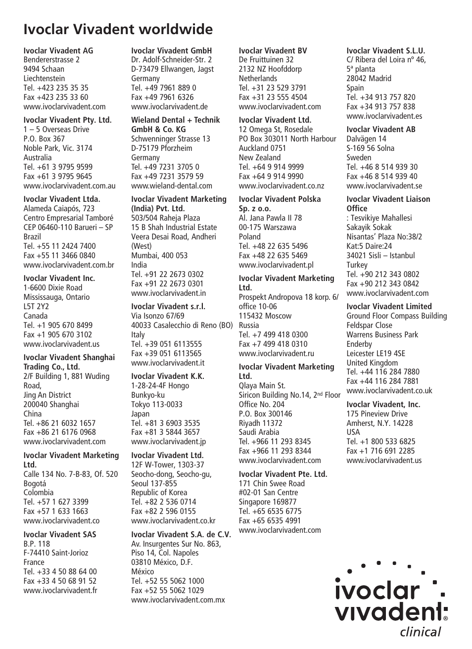 Ivoclar vivadent worldwide | Ivoclar Vivadent Virtual 380 User Manual | Page 64 / 64
