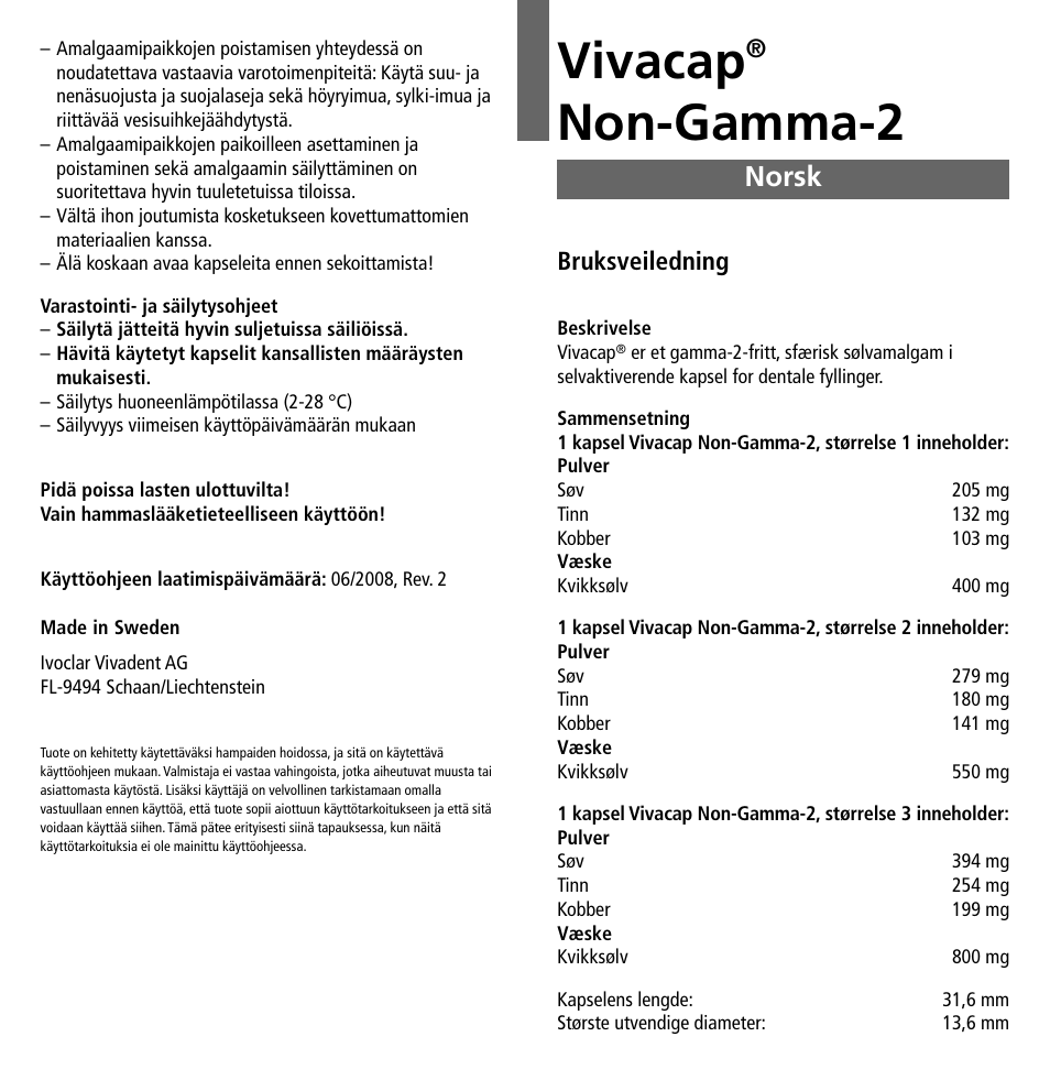 Norsk, Vivacap, Non-gamma-2 | Bruksveiledning | Ivoclar Vivadent Vivacap User Manual | Page 19 / 28