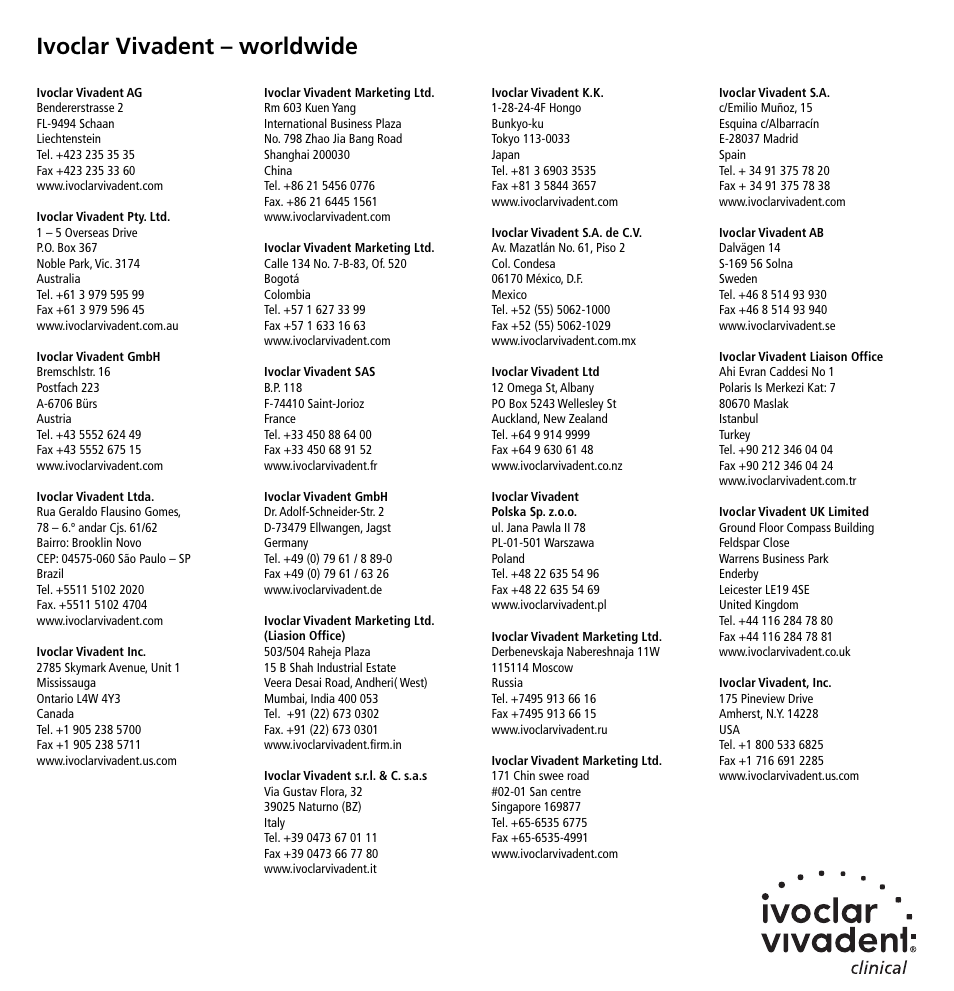 Ivoclar vivadent – worldwide | Ivoclar Vivadent Vivacap User Manual | Page 28 / 28