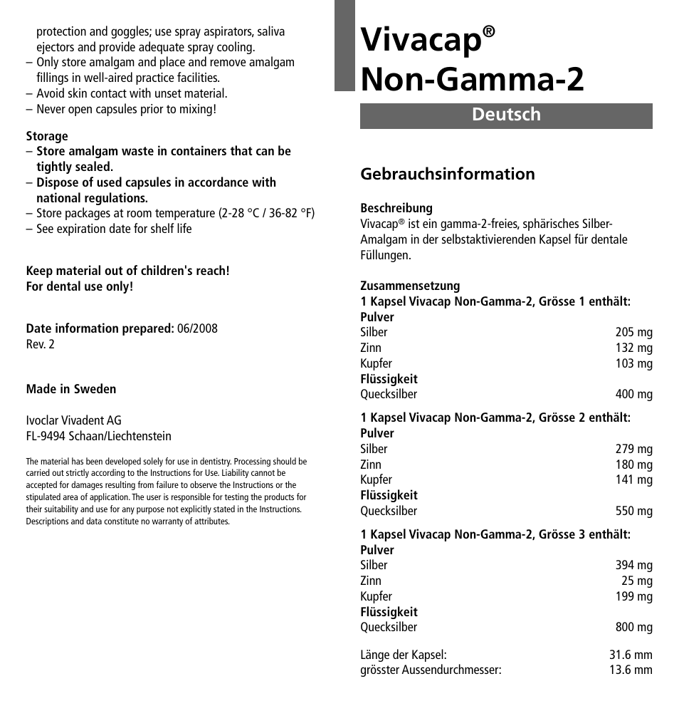 Deutsch, Vivacap, Non-gamma-2 | Gebrauchsinformation | Ivoclar Vivadent Vivacap User Manual | Page 3 / 28