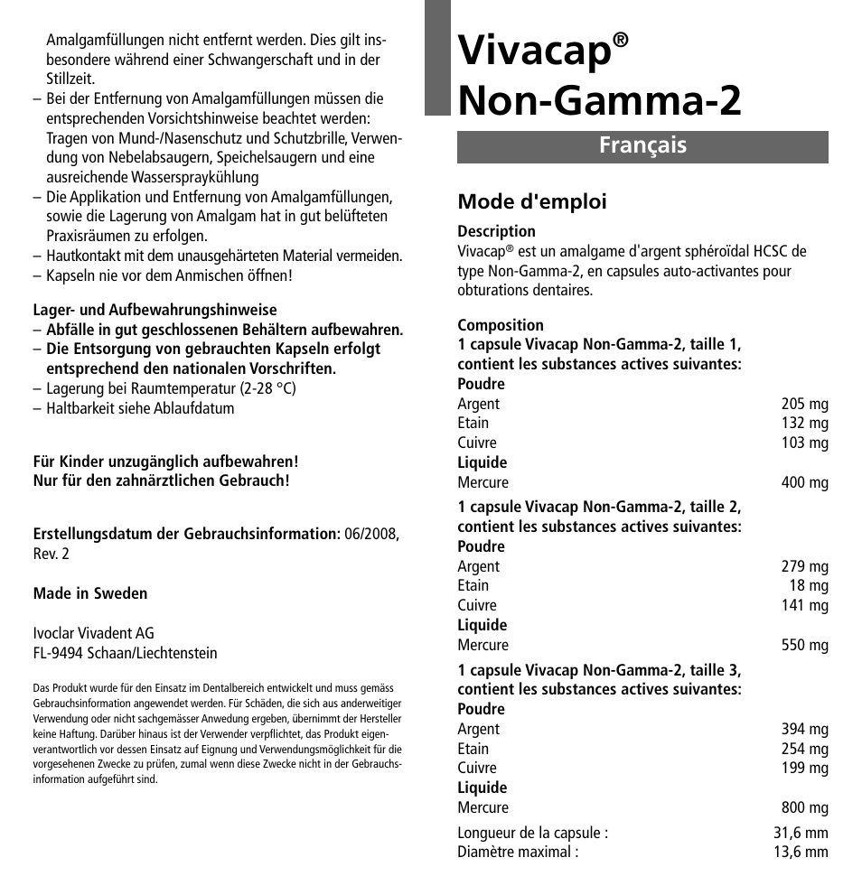 Français, Vivacap, Non-gamma-2 | Mode d'emploi | Ivoclar Vivadent Vivacap User Manual | Page 5 / 28