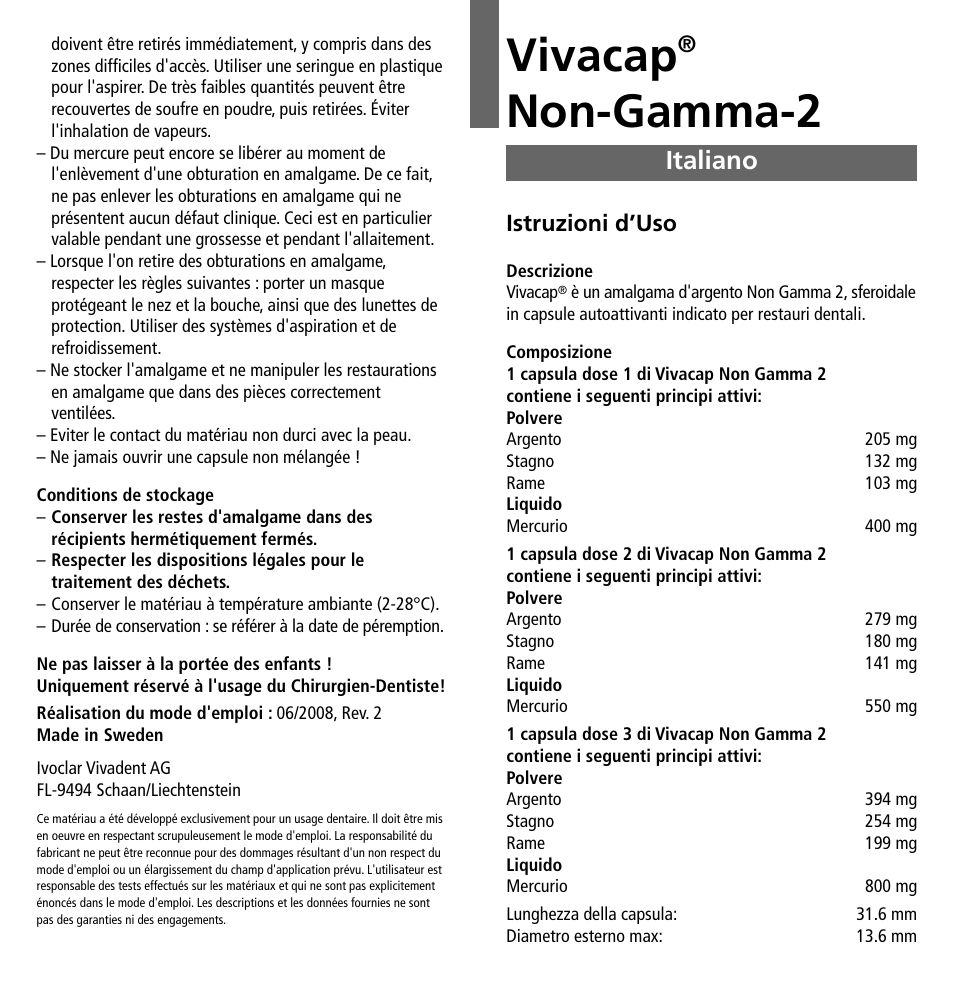 Italiano, Vivacap, Non-gamma-2 | Istruzioni d’uso | Ivoclar Vivadent Vivacap User Manual | Page 7 / 28