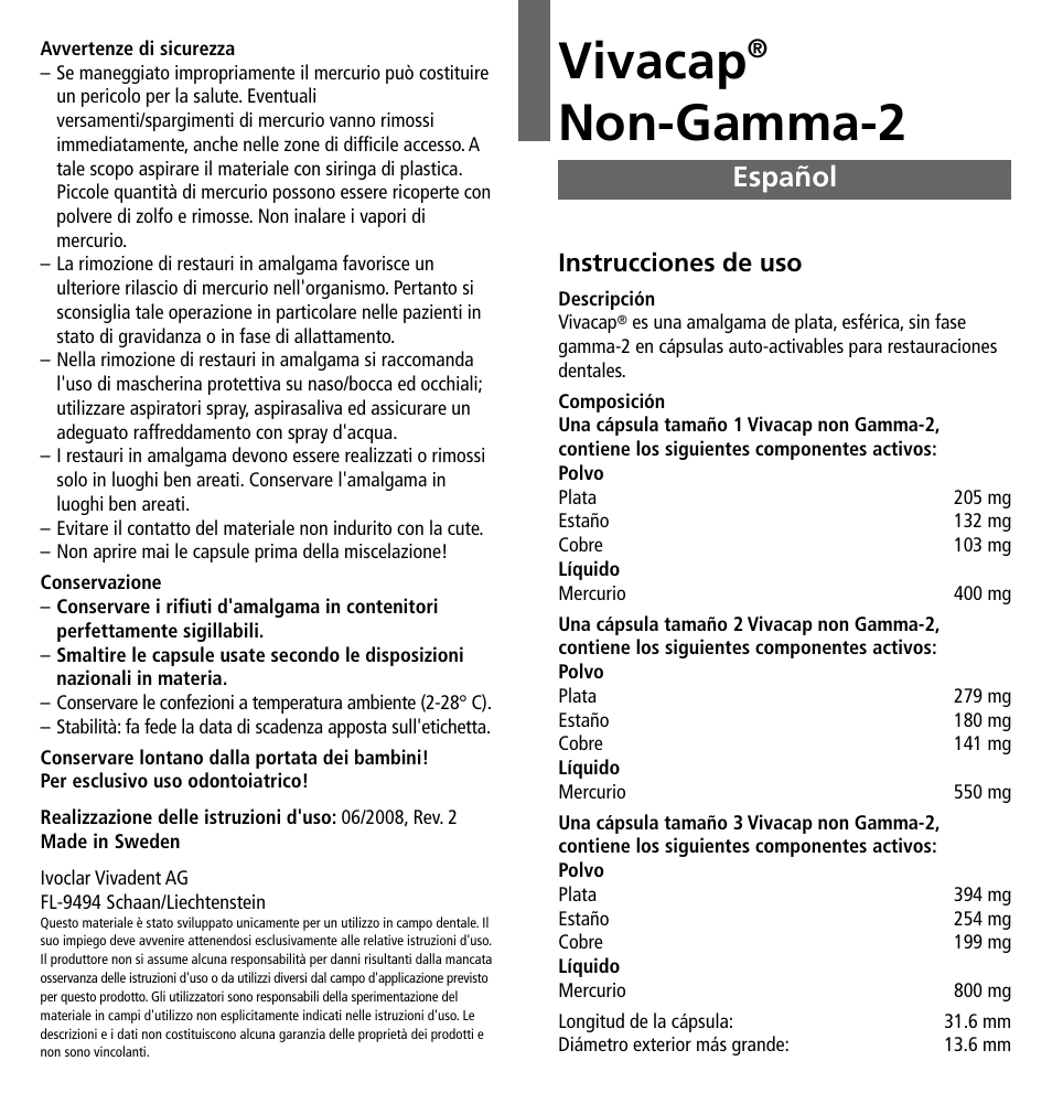 Español, Vivacap, Non-gamma-2 | Instrucciones de uso | Ivoclar Vivadent Vivacap User Manual | Page 9 / 28